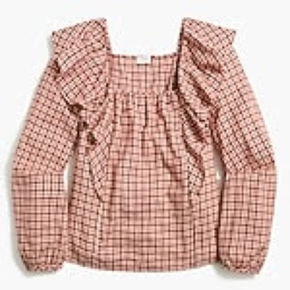 J. Crew Red Brown Plaid Ruffle Women's Square Neck Blouse - Picture 2 of 5